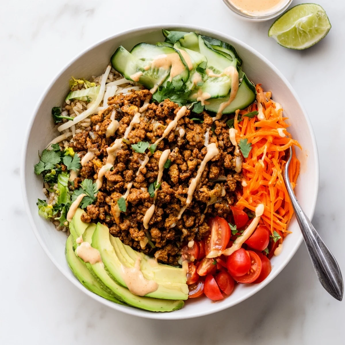 A colorful plant-based meat bowl topped with fresh veggies and vibrant seasonings.  