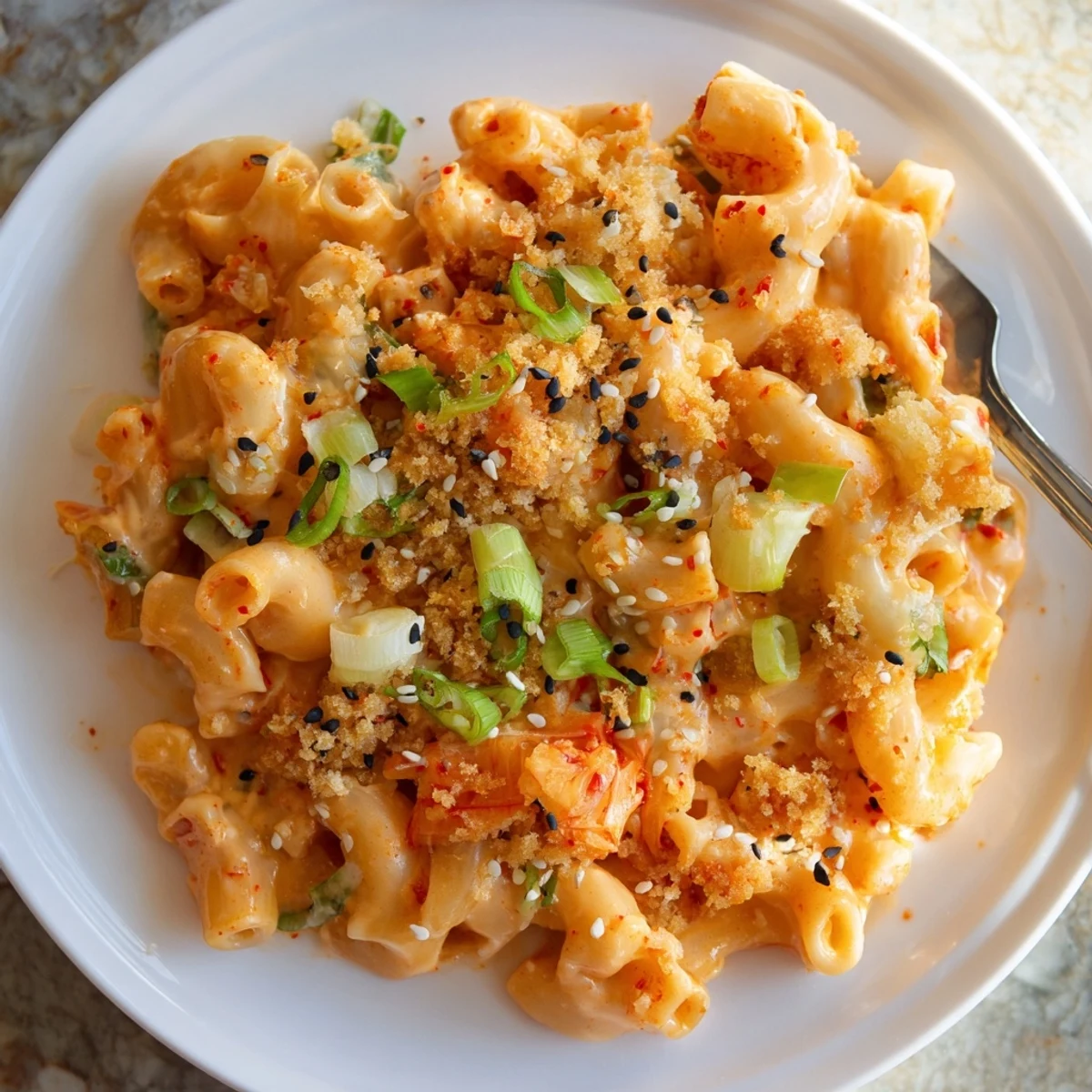 Creamy Spicy Kimchi Mac & Cheese topped with crunchy sesame for bold flavor.  