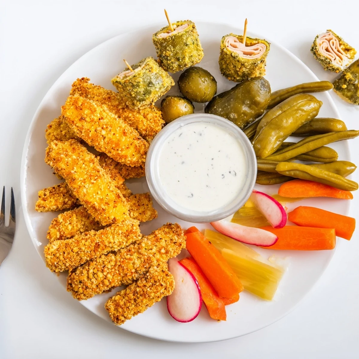 A colorful platter featuring pickled-wrapped bites and assorted tangy vegetables.