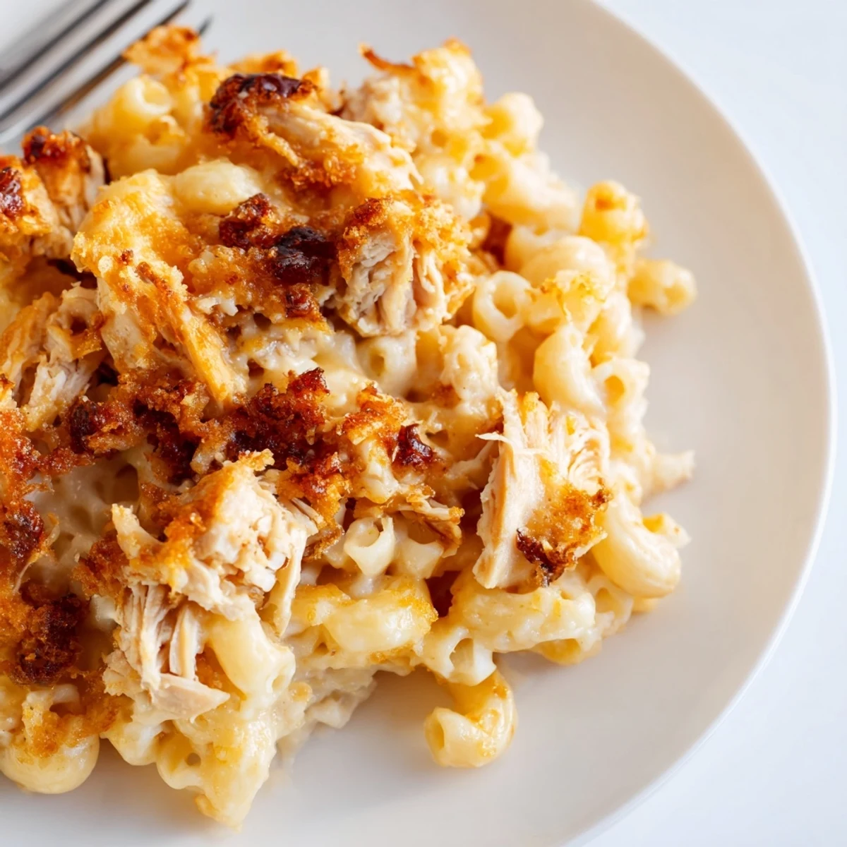 Creamy Classic Mac & Cheese with BBQ Chicken, bubbling golden crust on top.  