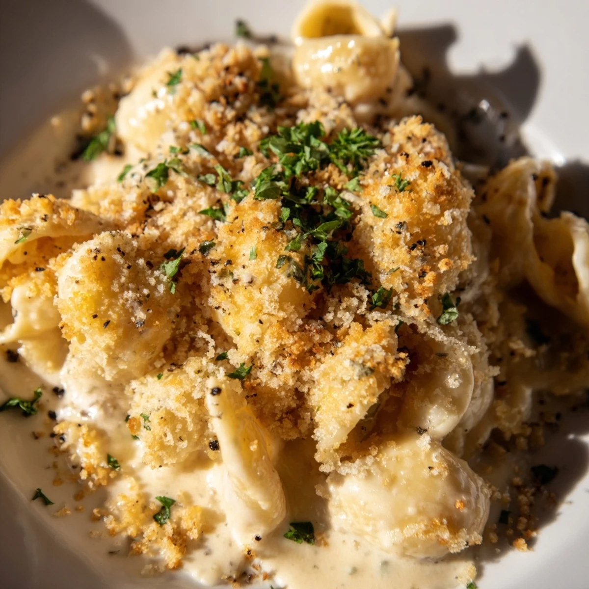 Creamy truffle macaroni and cheese topped with golden panko breadcrumbs, a luxurious dish.  