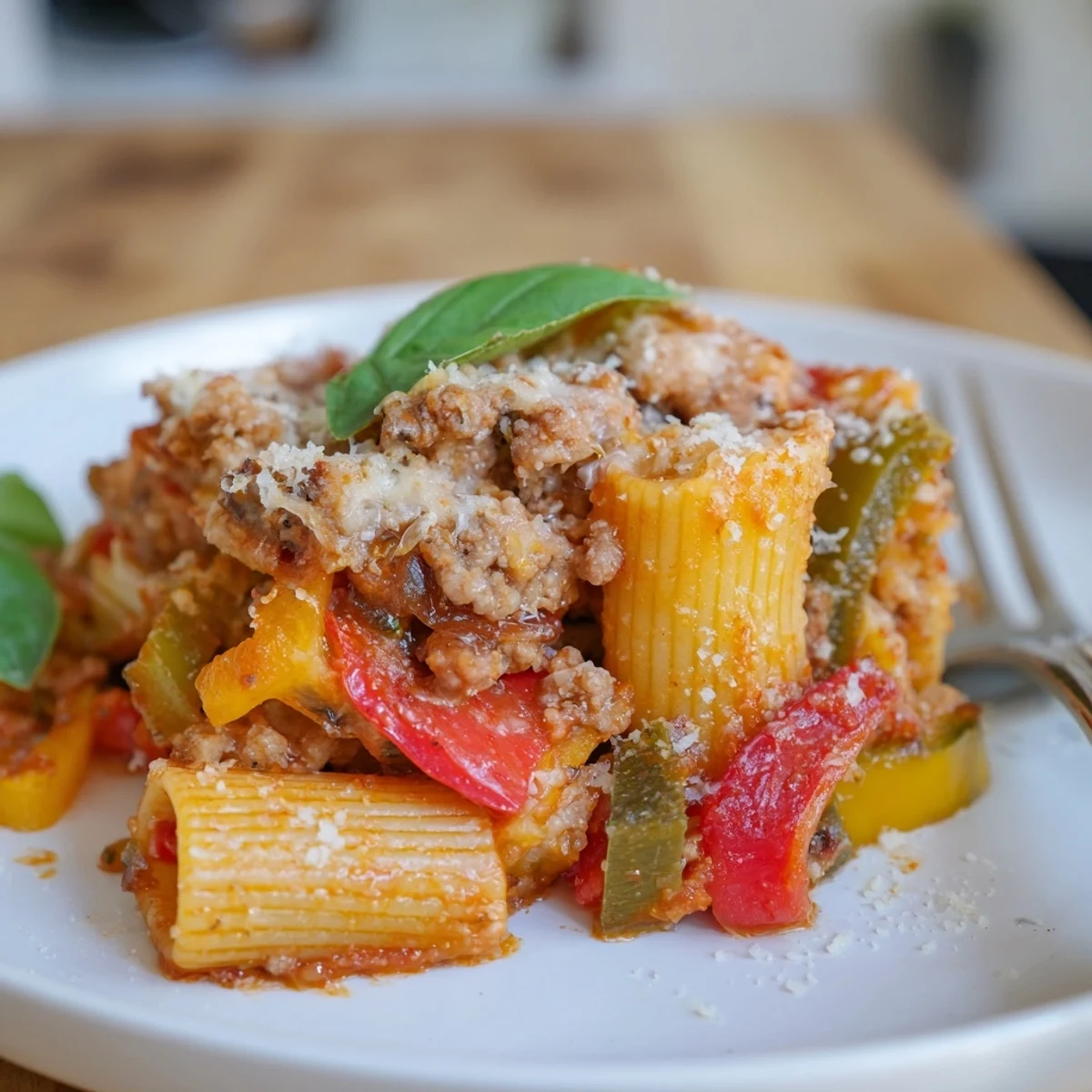 Delicious baked rigatoni with sausage and peppers topped with melted cheese.  