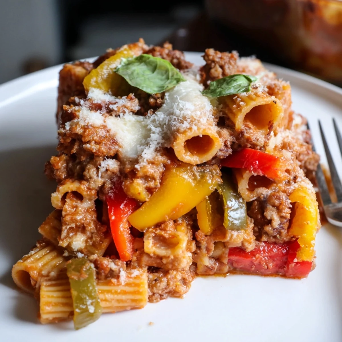 Hearty baked rigatoni with savory sausage, colorful peppers, and rich tomato sauce.  