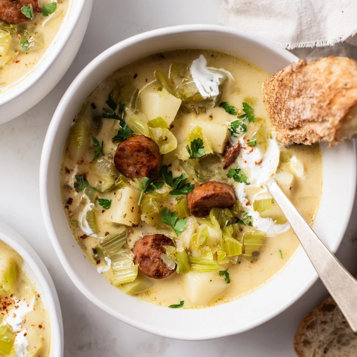 Hearty Potato, Leek & Chorizo Soup garnished with fresh parsley and crusty bread.  