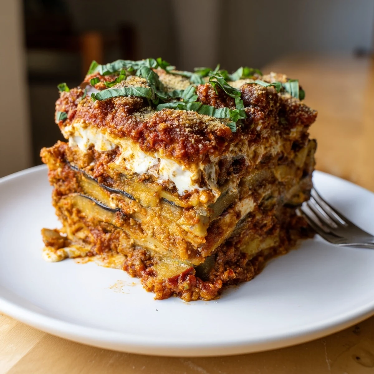 Golden-brown Eggplant Parmesan Lasagna layered with rich marinara and creamy cheeses.