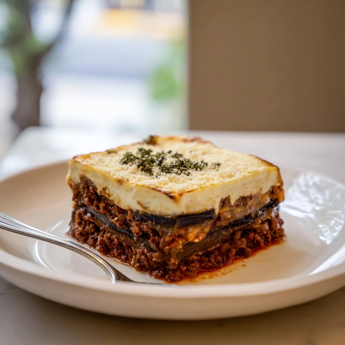 Layers of Moussaka with beef and eggplant, topped with rich béchamel sauce.  