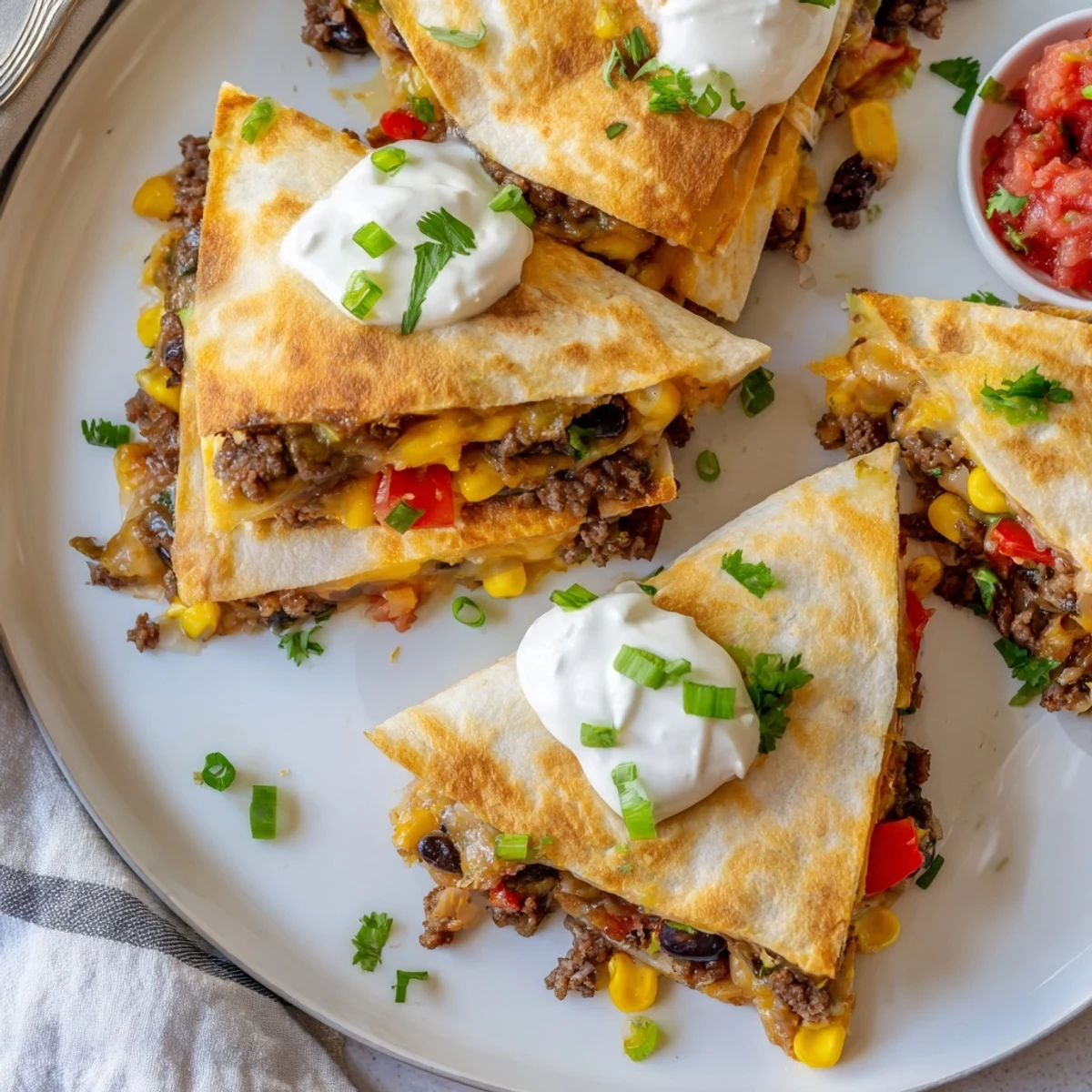 Golden brown sheet pan quesadillas filled with savory beef, melty cheese, and colorful toppings.  