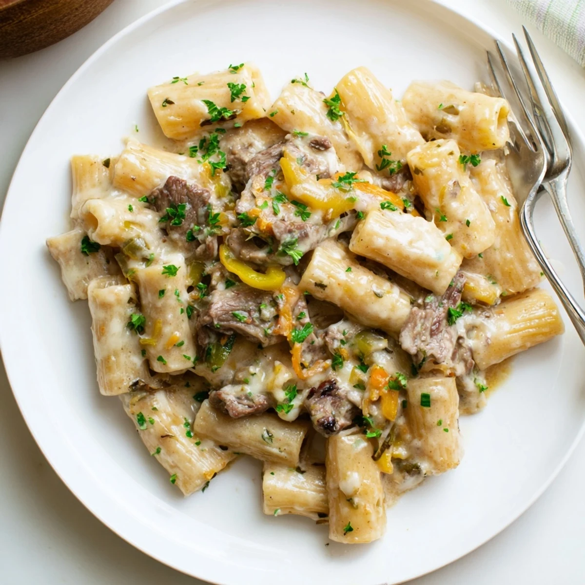 Rich Philly cheese steak pasta garnished with fresh parsley and melty cheese blend.  