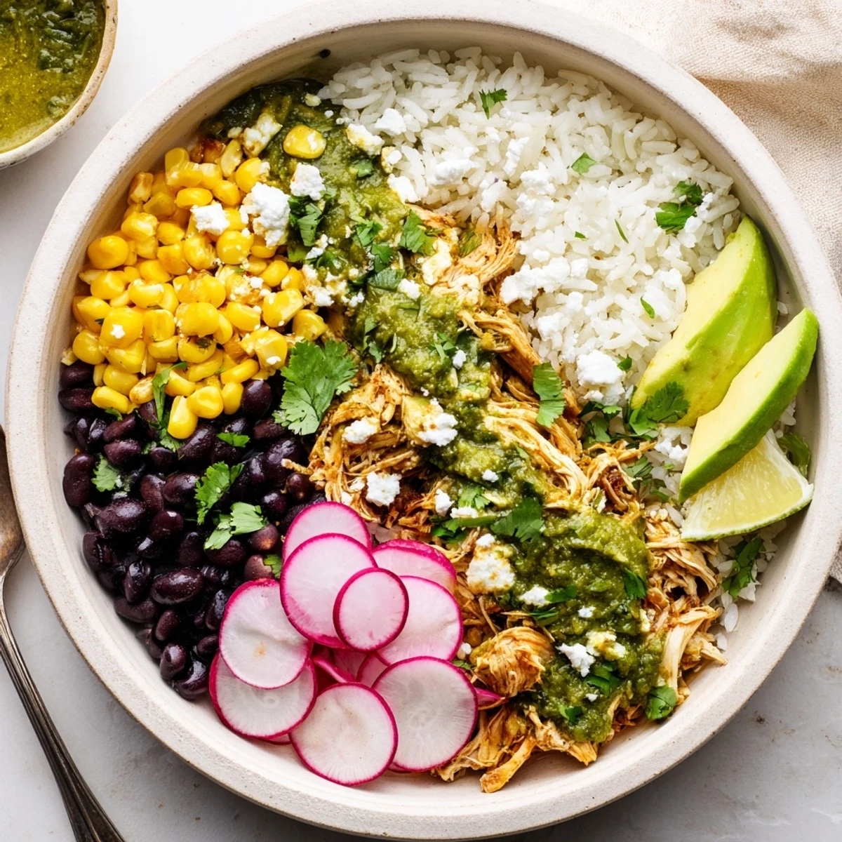 Vibrant green enchiladas rice bowl topped with avocado and fresh cilantro sprigs.  
