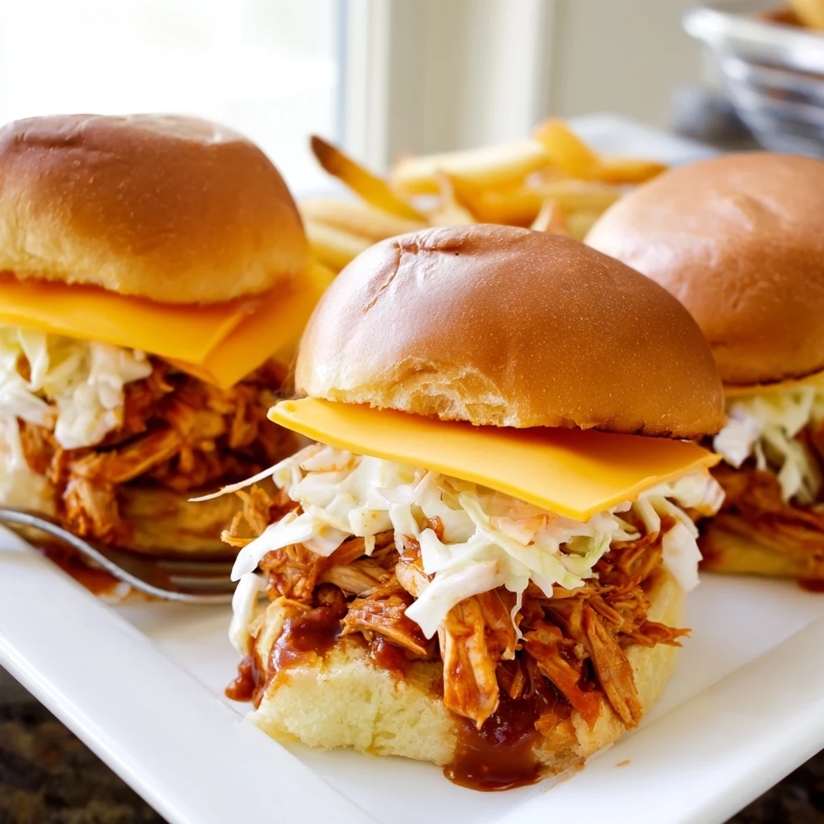 Juicy BBQ Chicken Sliders topped with coleslaw and served with crispy fries.  