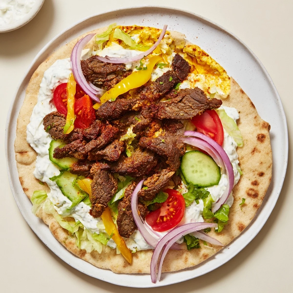 Warm flatbreads filled with juicy Beef Shawarma and vibrant toppings, ready to enjoy.