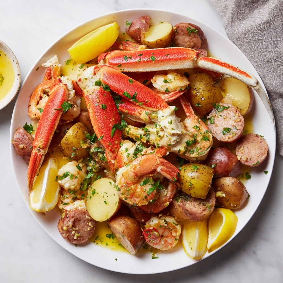 A steaming seafood boil with crab, shrimp, sausage, and corn ready to serve with lemon wedges.