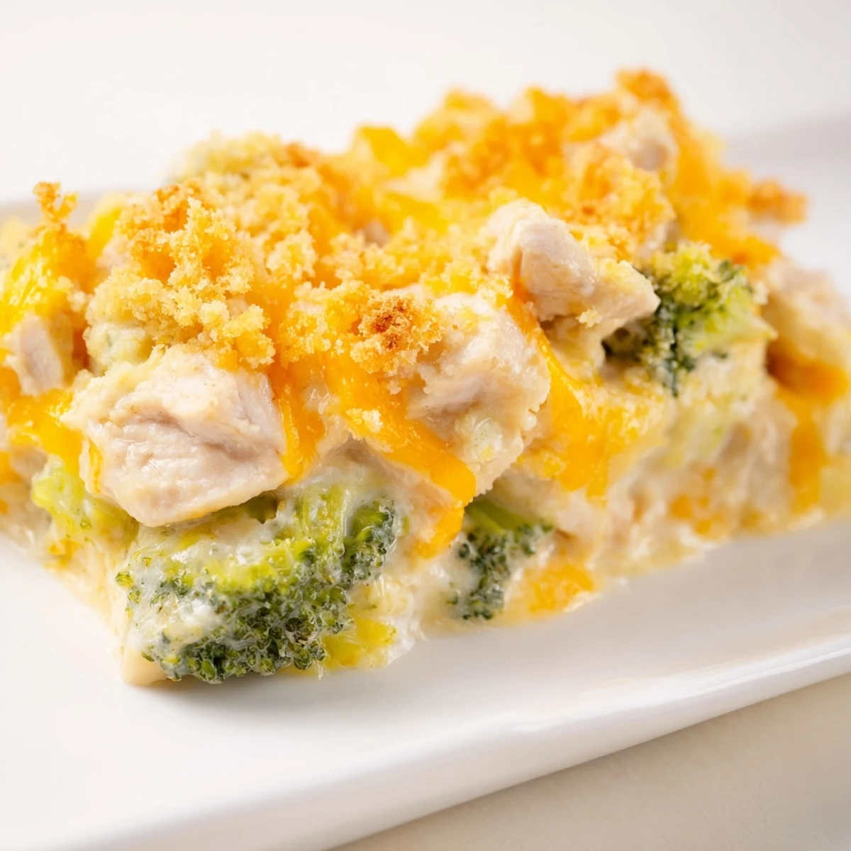 Golden, bubbly Chicken & Broccoli Cheddar Bake with a crispy panko topping, ready to serve.