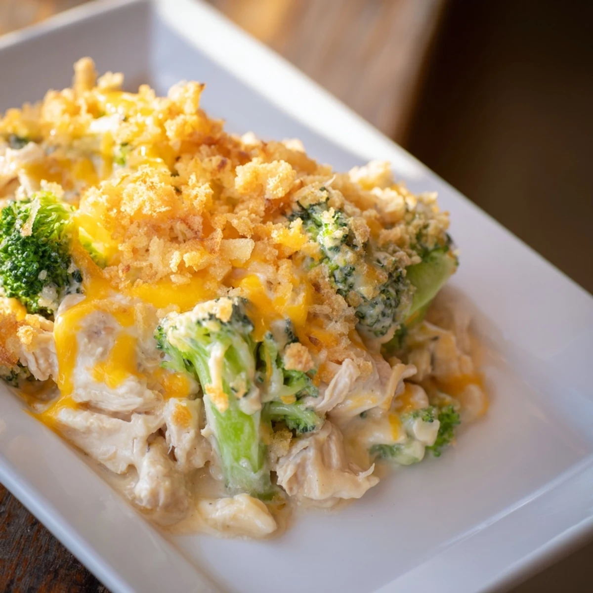 Enjoy this easy Chicken & Broccoli Cheddar Bake: a hearty casserole with melted cheese and broccoli florets.