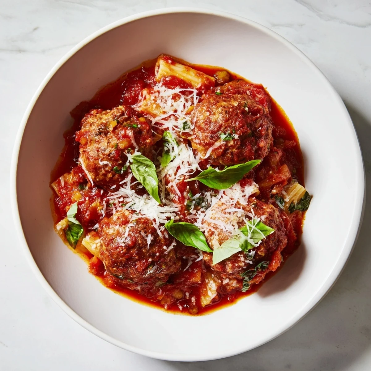 A close-up view of the Italian Meatball Pasta Skillet, with tender meatballs in rich tomato sauce.