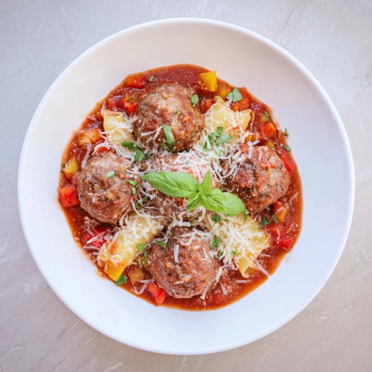Italian Meatball Pasta Skillet, a bubbling photo of pasta, meatballs, and melted cheese, ready to eat.