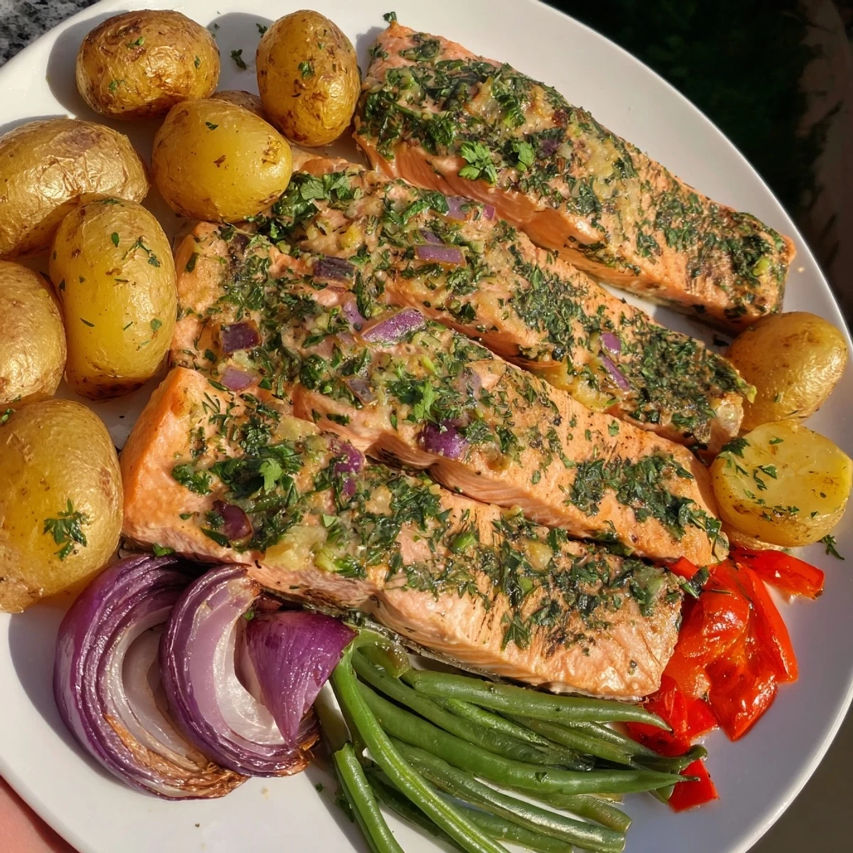 Sizzling Lemon Herb Salmon, flaky with roasted vegetables, perfect for a gluten-free American meal.