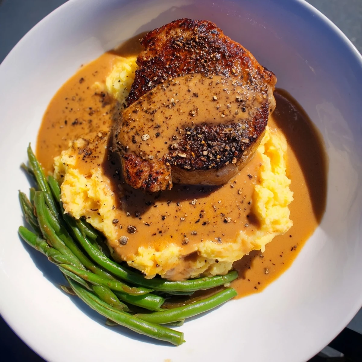 Juicy Pork Chops & Cheddar Mash Bowl, with a rich, savory pan gravy over creamy mashed potatoes.