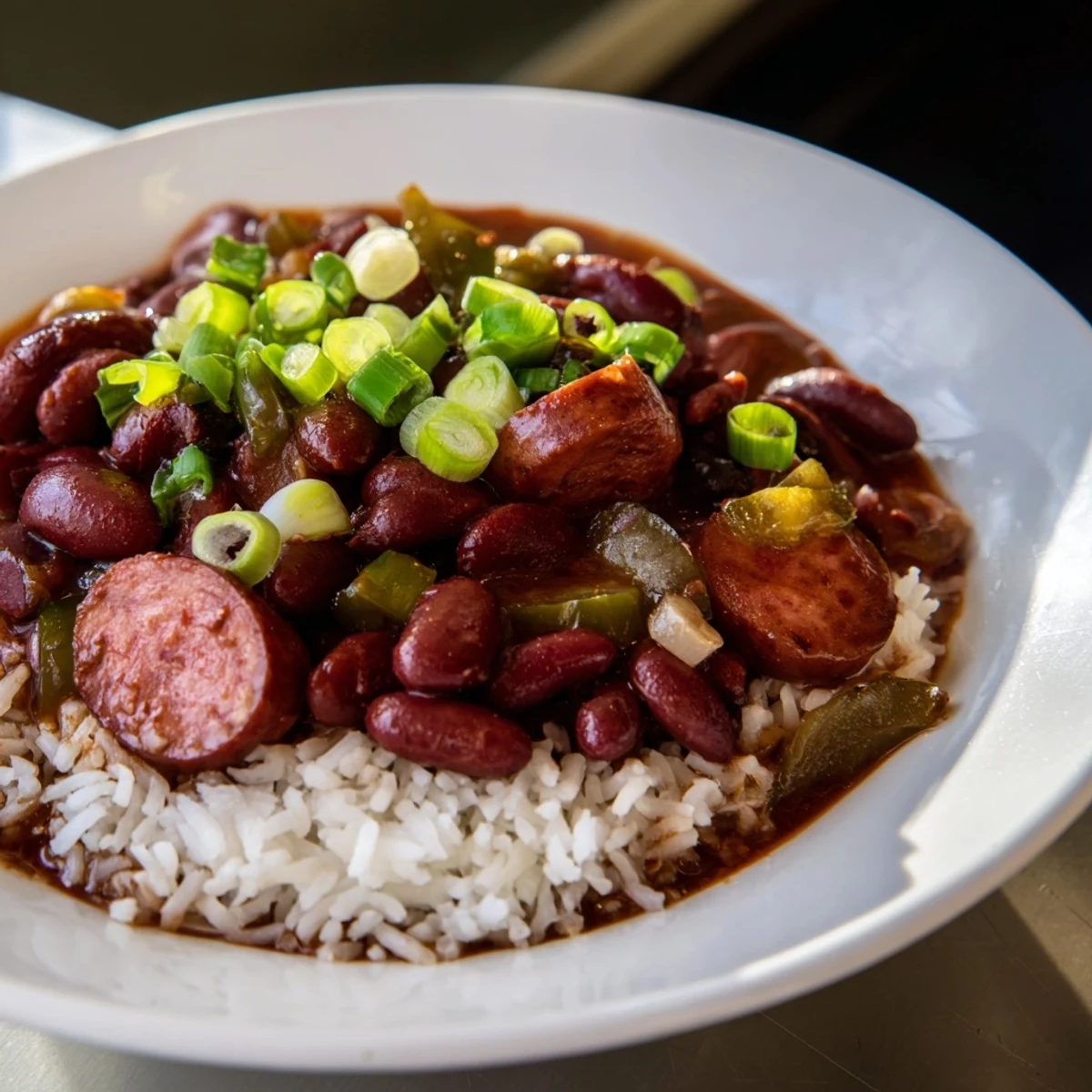 Hearty Red Beans & Rice: A comforting Creole meal, sprinkled with fresh green onions and parsley.