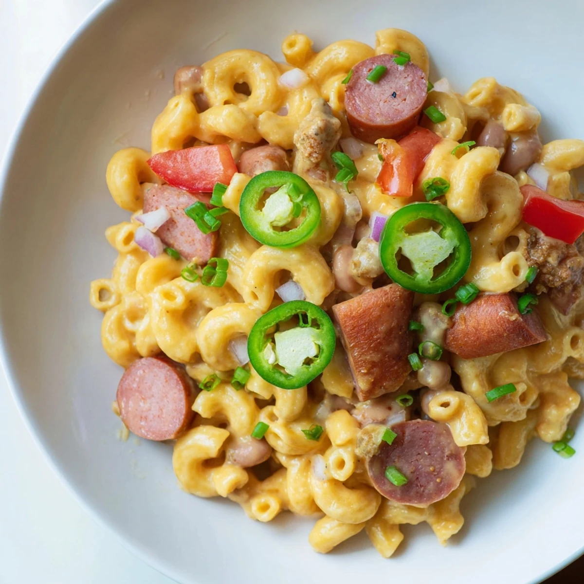 A steaming bowl of Chili Cheese Dog Mac & Cheese, ready to be enjoyed with family and friends.