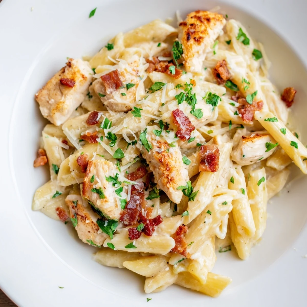 Creamy Ranch Chicken & Bacon Penne with golden chicken pieces and crispy bacon, ready to serve and enjoy.
