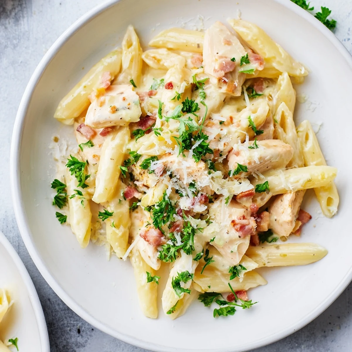 Tender chicken and bacon nestled in a Ranch Chicken & Bacon Penne, with a rich, creamy sauce coating the pasta.
