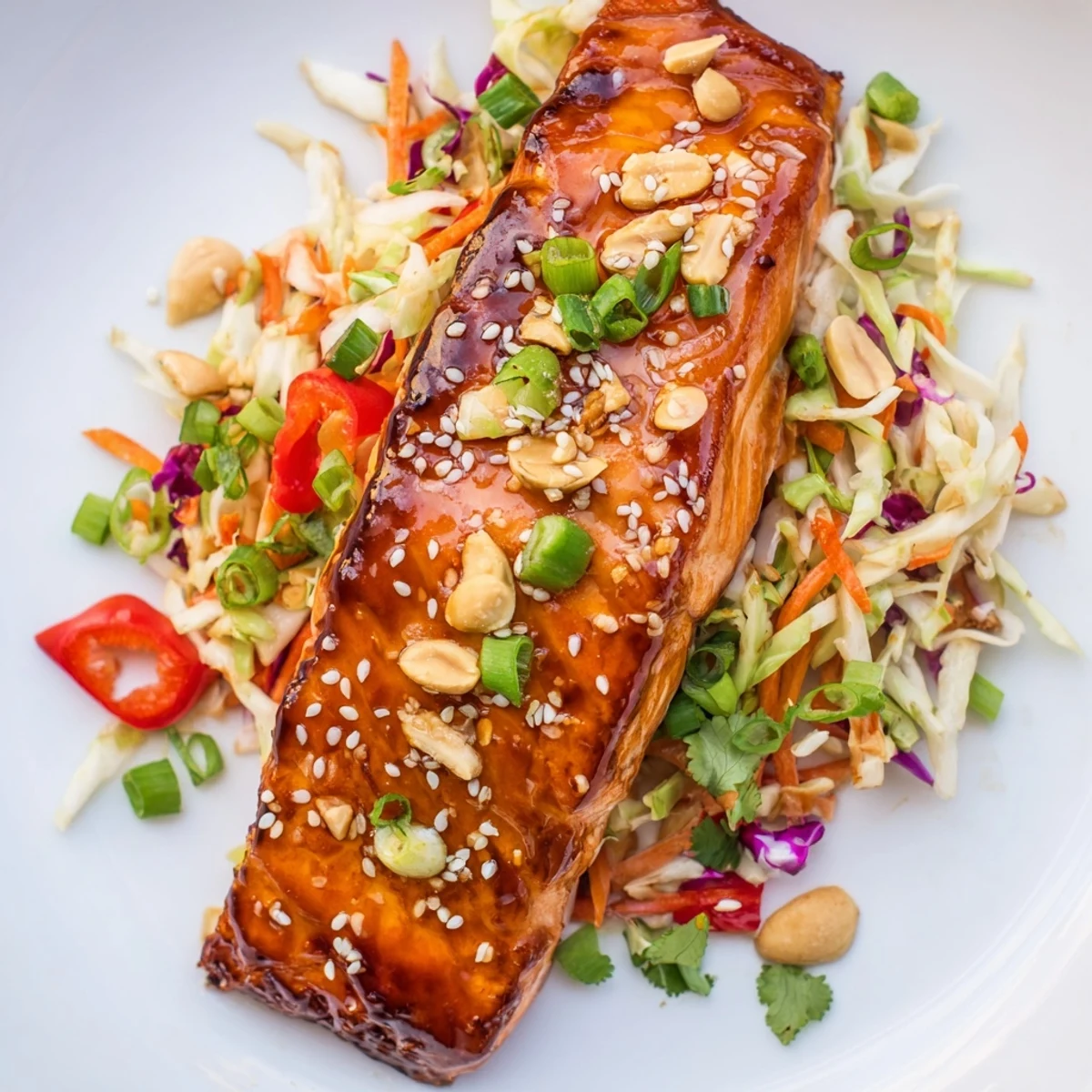 Freshly grilled teriyaki salmon with a sticky glaze, served with light and flavorful Asian slaw.