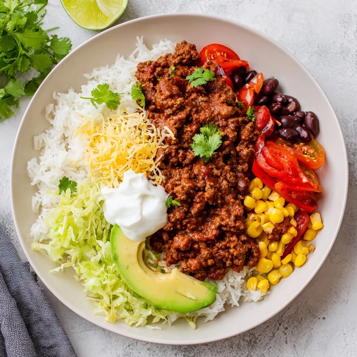 A close-up of a loaded beef burrito bowl brimming with colorful, flavorful Tex-Mex ingredients.