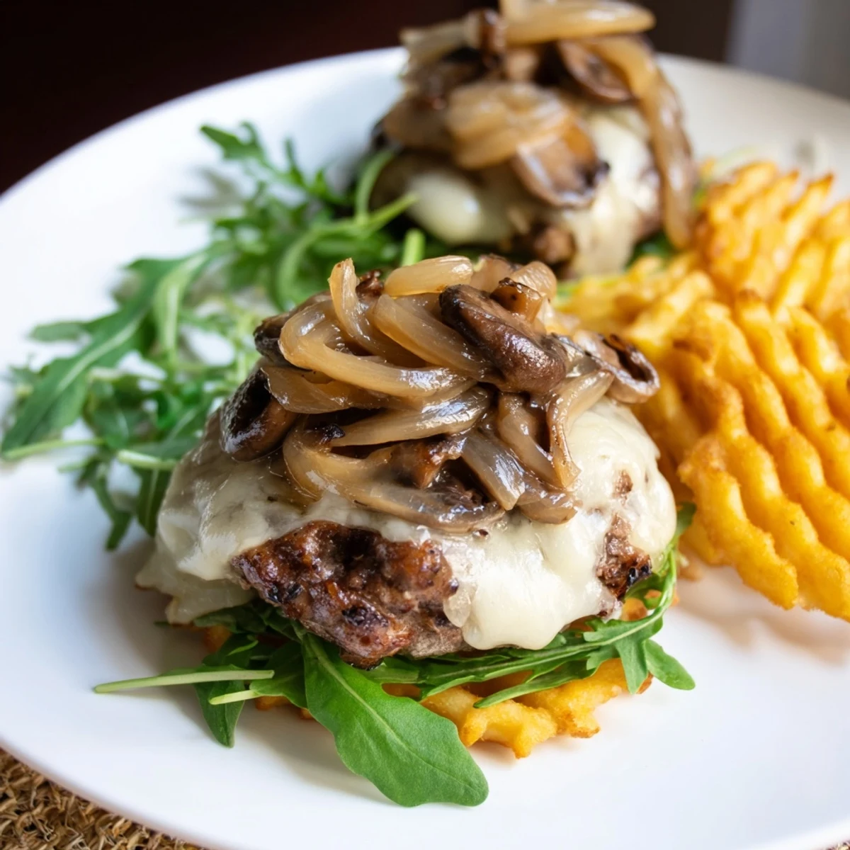 Golden, crispy waffle fries next to a juicy Mushroom Swiss Burger, ready to be enjoyed.