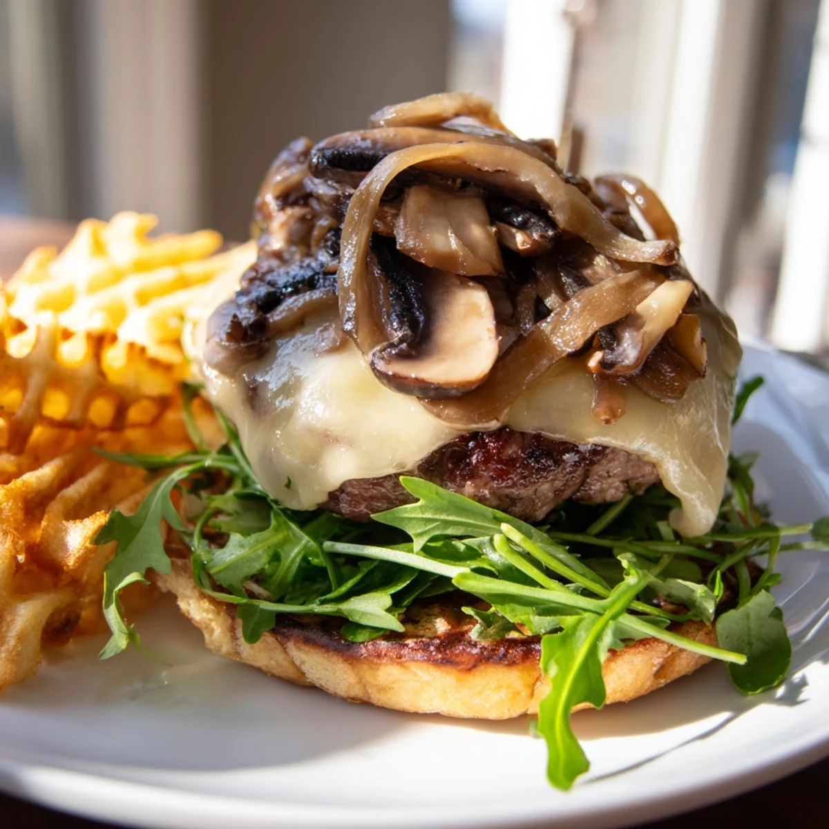 Melted Swiss cheese and savory mushrooms crown this amazing Mushroom Swiss Burger, perfect for dinner.