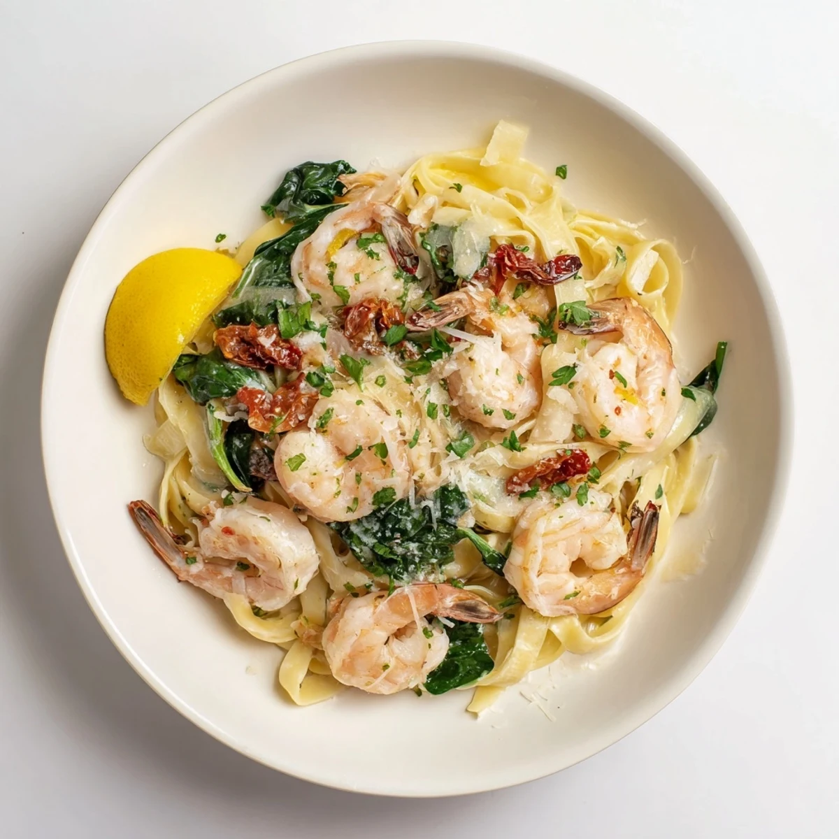 Tuscan Garlic Shrimp Pasta, a delicious creamy dish, features juicy shrimp and flavorful sun-dried tomatoes.