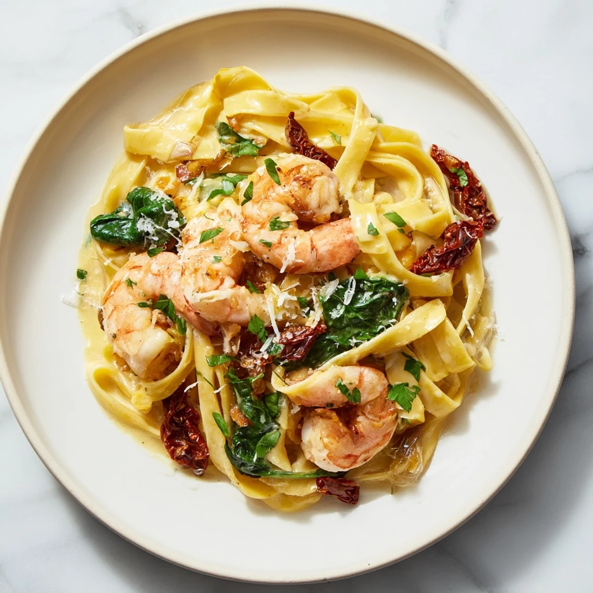 Enjoy a comforting bowl of Tuscan Garlic Shrimp Pasta, a perfect Italian dinner with Parmesan.