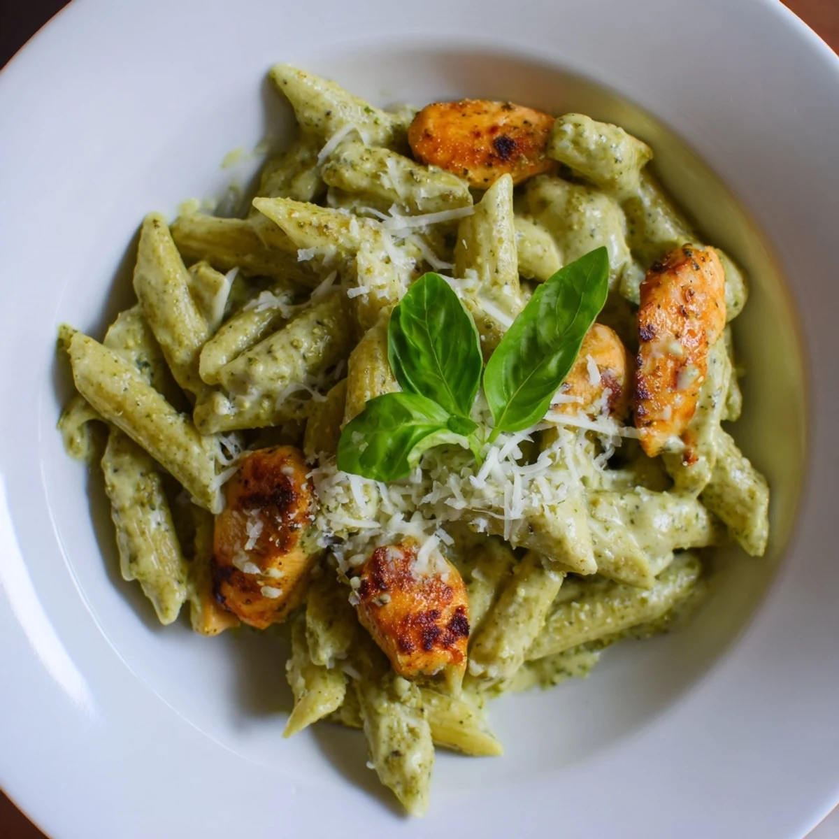 Creamy Pesto Penne & Chicken: A warm bowl of pasta with tender chicken and vibrant pesto sauce.