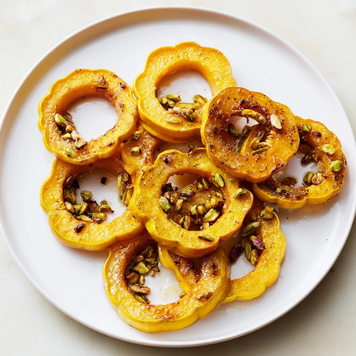 Perfectly roasted delicata squash rings, a sweet and savory vegetarian dish with chopped pistachios.