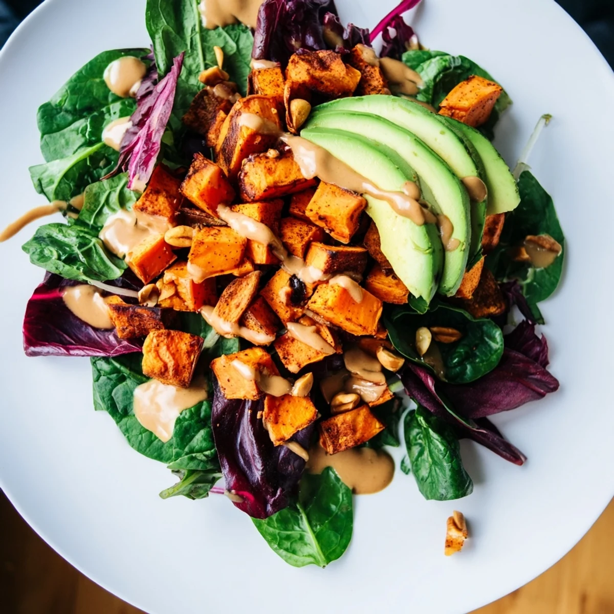 A colorful Spiced Peanut Sweet Potato & Radicchio Salad Bowl, perfect for a healthy and flavorful meal.