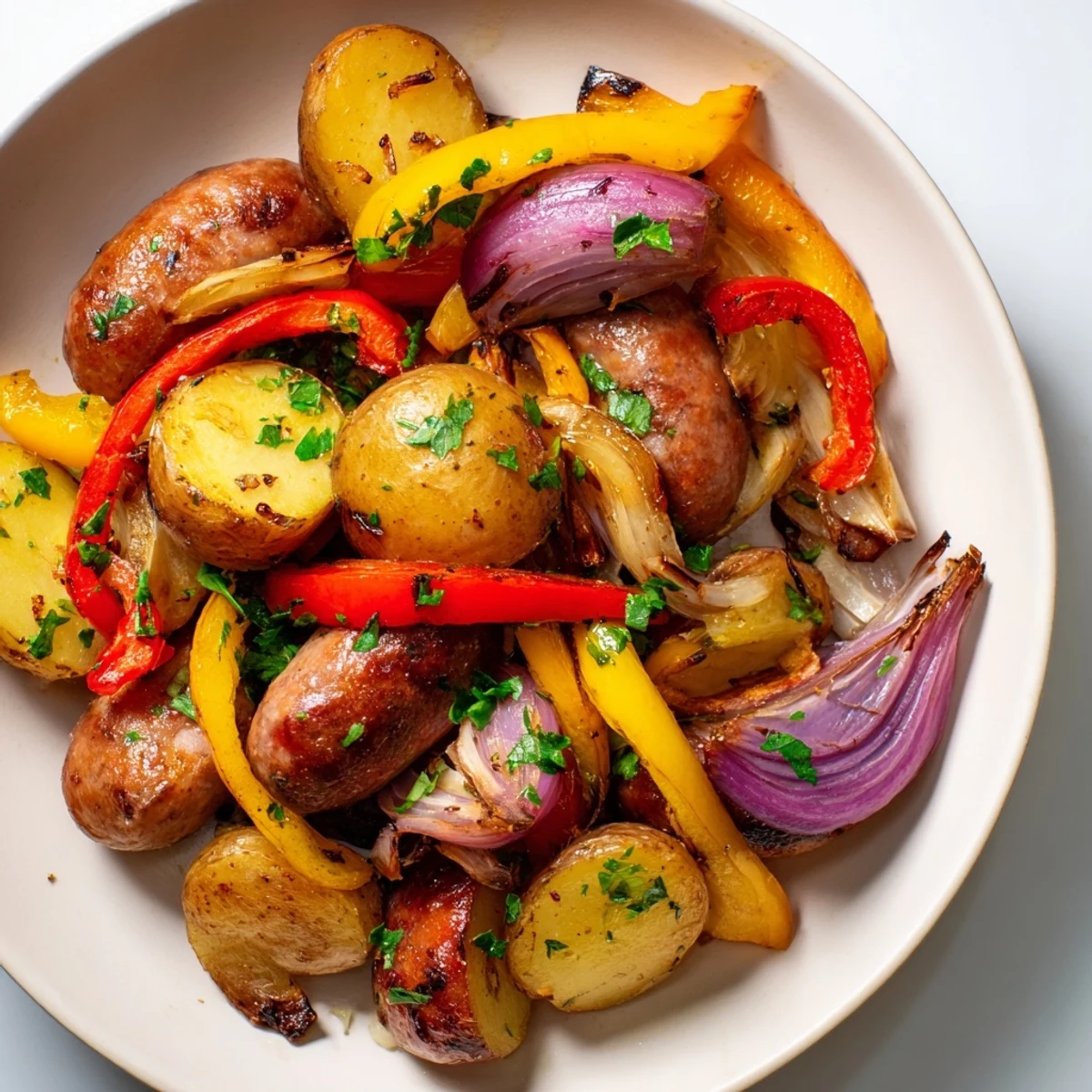A delightful image of Sheet-Pan Sausage with Peppers, cooked with tender vegetables and perfectly browned sausages.