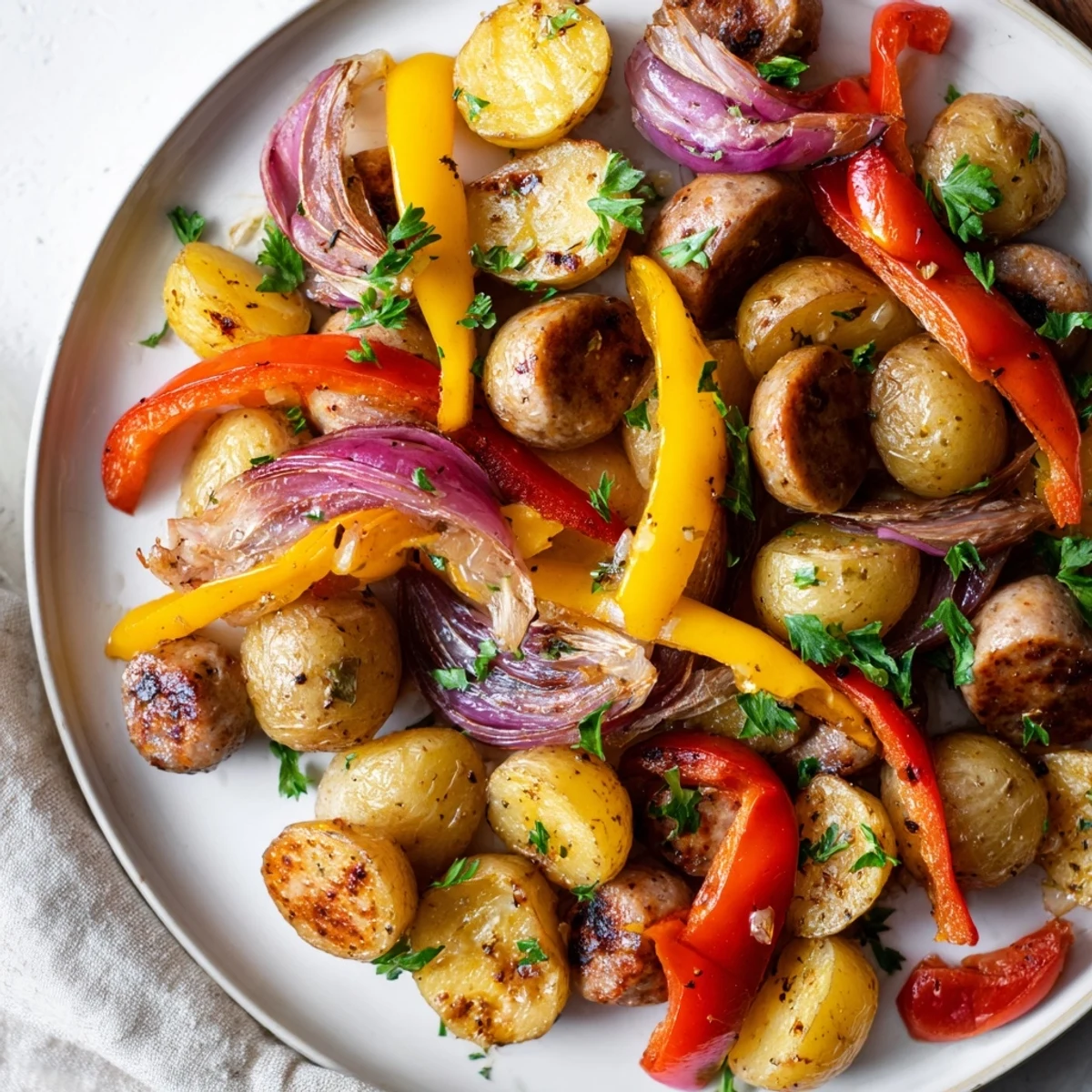 This Sheet-Pan Sausage with Peppers recipe features delicious, juicy sausages nestled among roasted veggies.