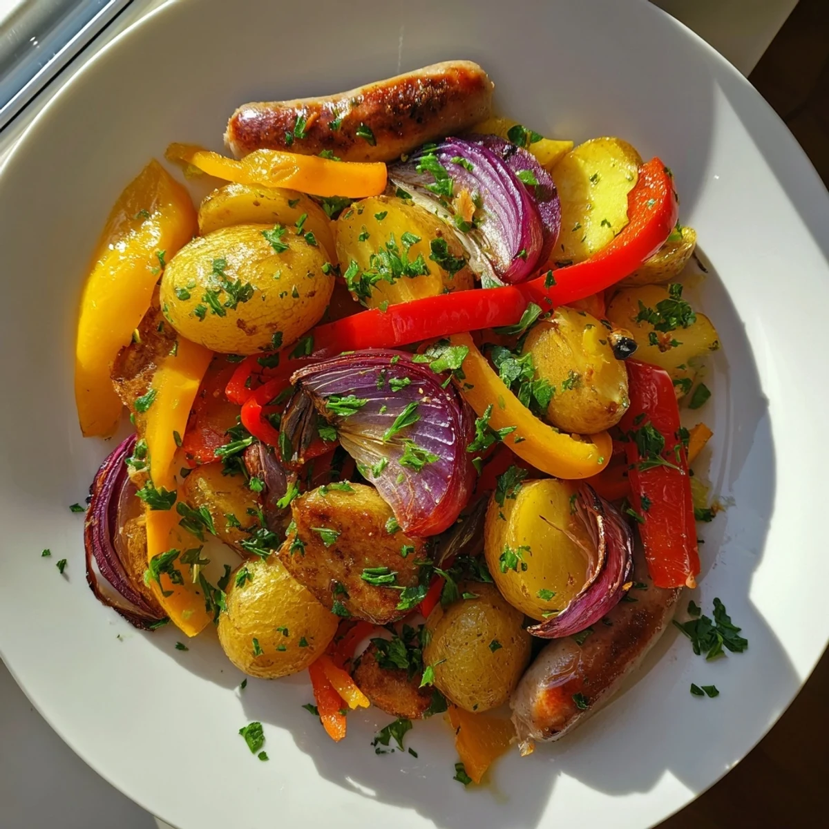 Sheet-Pan Sausage with Peppers showcases golden roasted potatoes and vibrant bell peppers with savory sausages.
