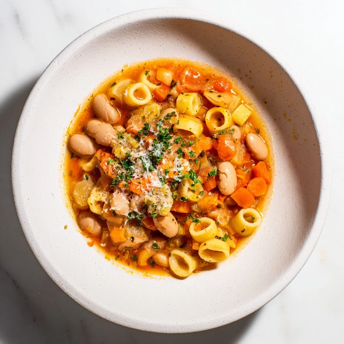 Steaming bowl of Pasta e Fagioli Soup, garnished with fresh parsley and Parmesan cheese, ready to enjoy.
