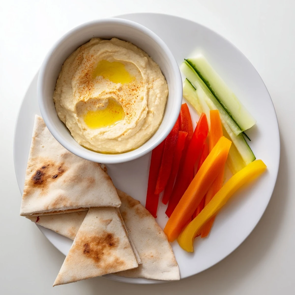 This close-up displays creamy DIY hummus, homemade pita, and colorful veggie sticks—perfect for entertaining.