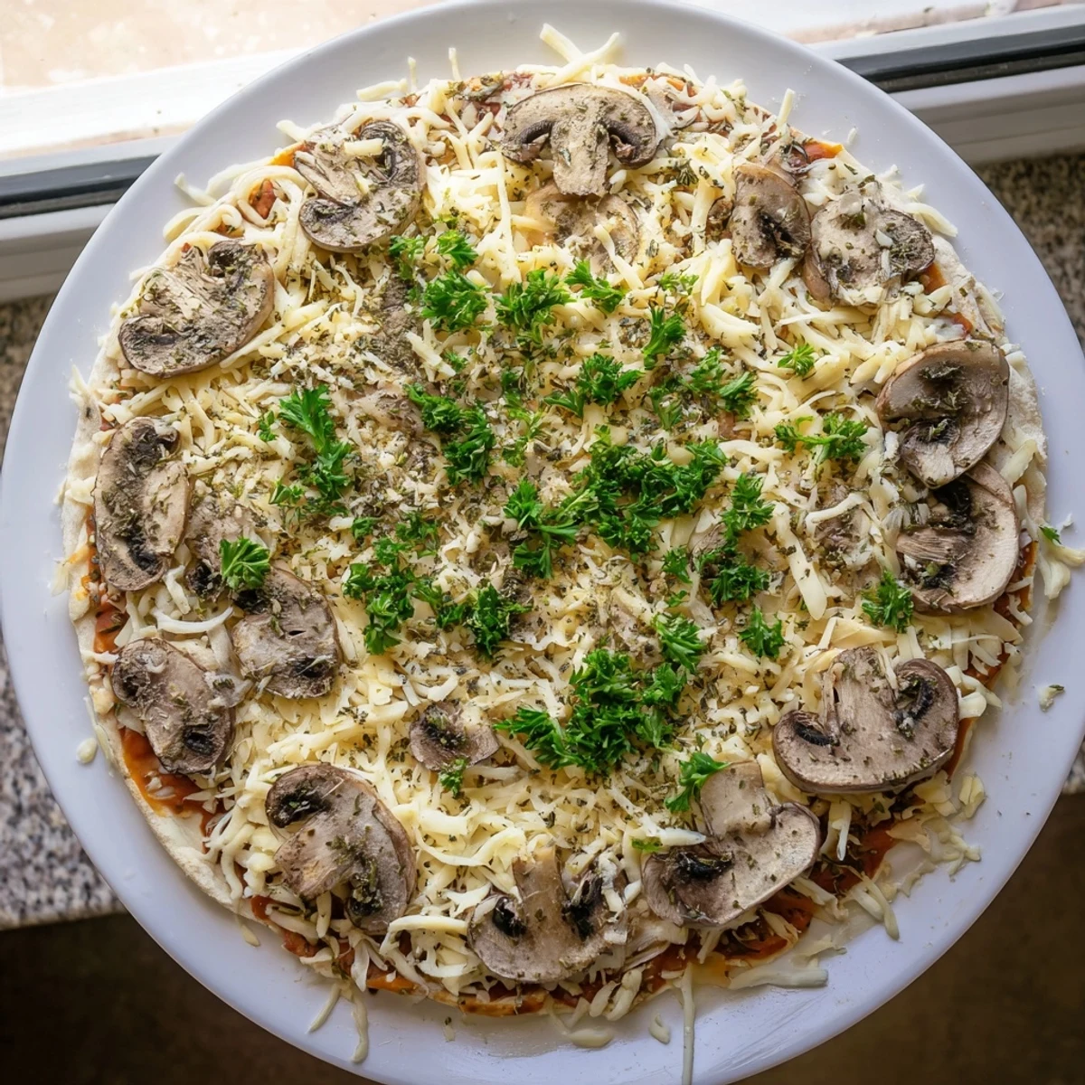 Golden, bubbly Frozen Pizza Upgrade with mushrooms, herbs, and cheese, ready for a satisfying, vegetarian dinner.