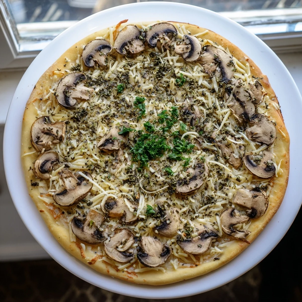 A warm slice of Frozen Pizza Upgrade, showcasing tender mushrooms and herbs adding delicious flavor.