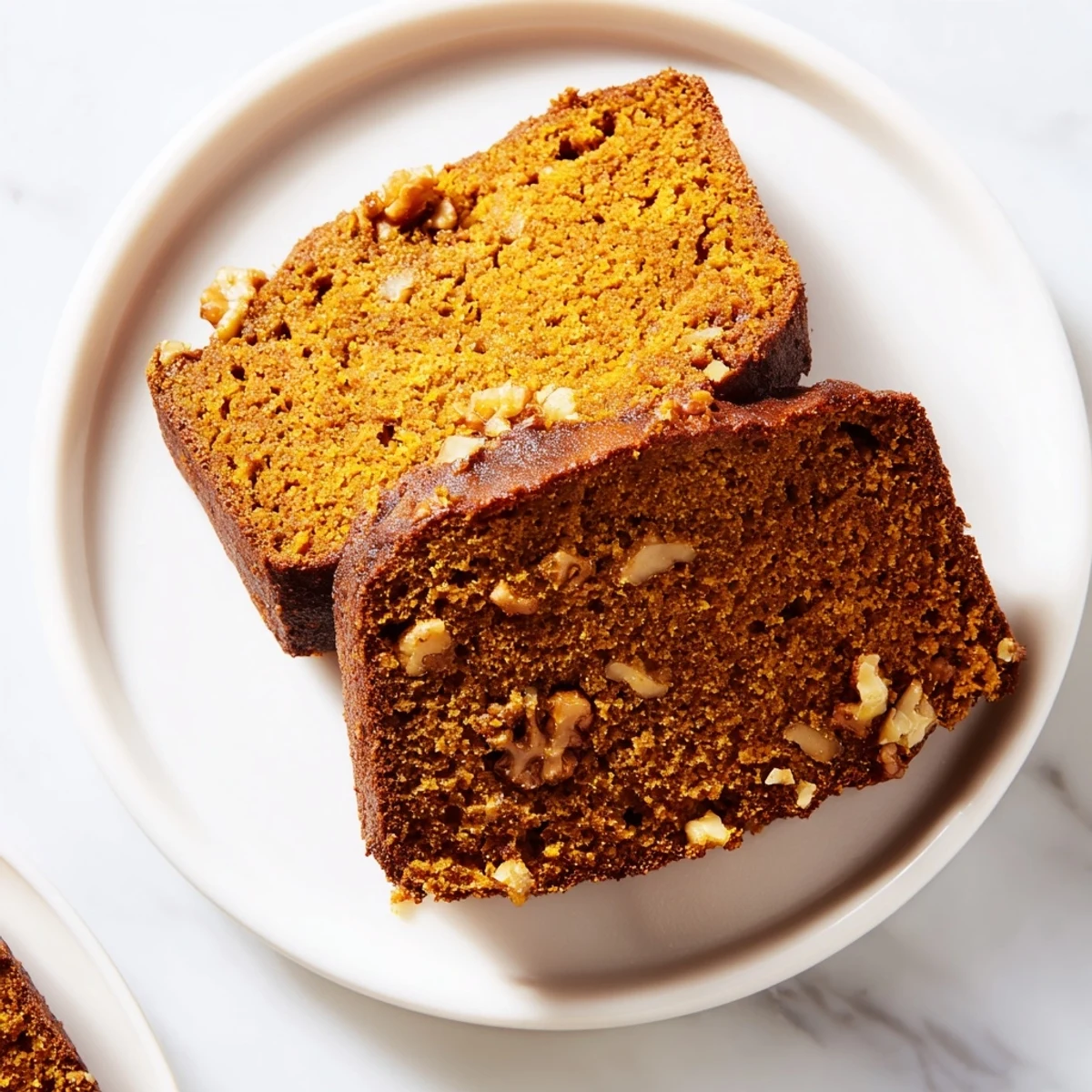 Warmly spiced pumpkin bread, freshly baked, offering the comforting flavors of fall within each bite.