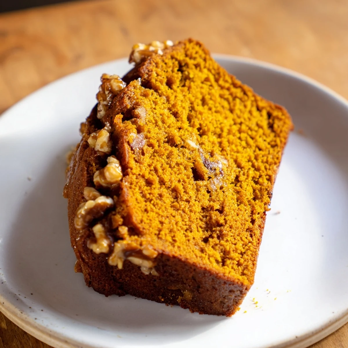 Homemade pumpkin bread loaf, perfectly browned and aromatic, ready to enjoy with a generous pat of butter.