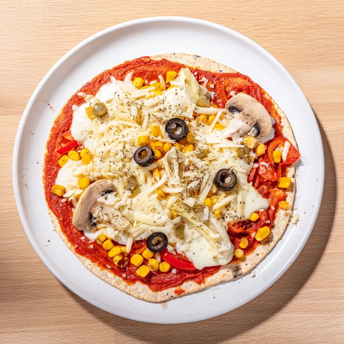 Golden, crispy tortilla pizza with melted cheese and delicious pantry toppings, ready to enjoy.