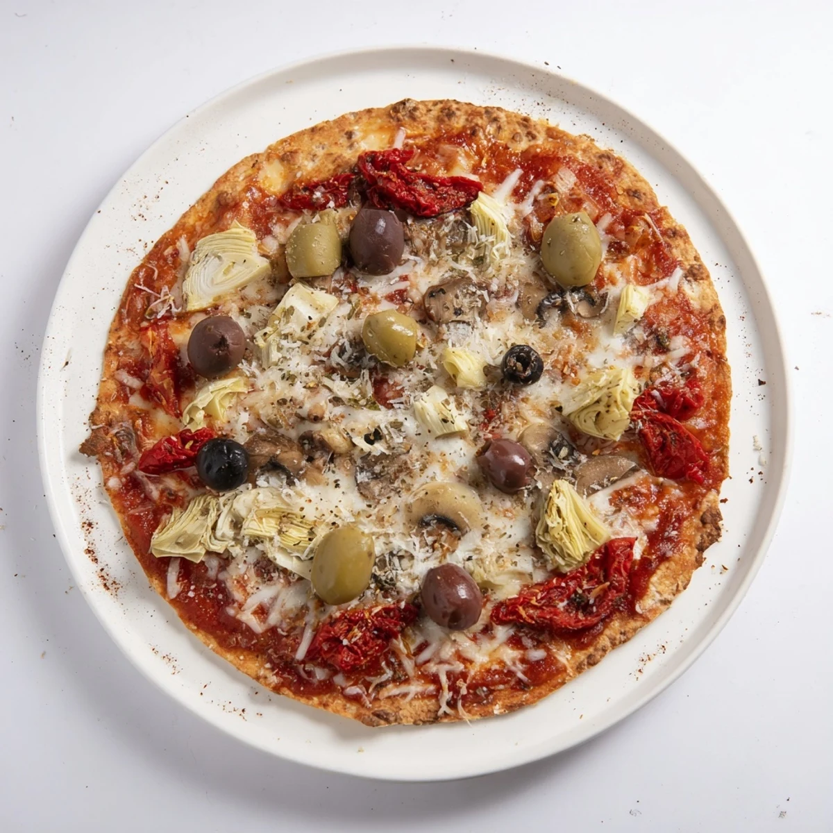 Freshly baked tortilla pizza with a variety of toppings, from olives to sun-dried tomatoes—a fast meal.