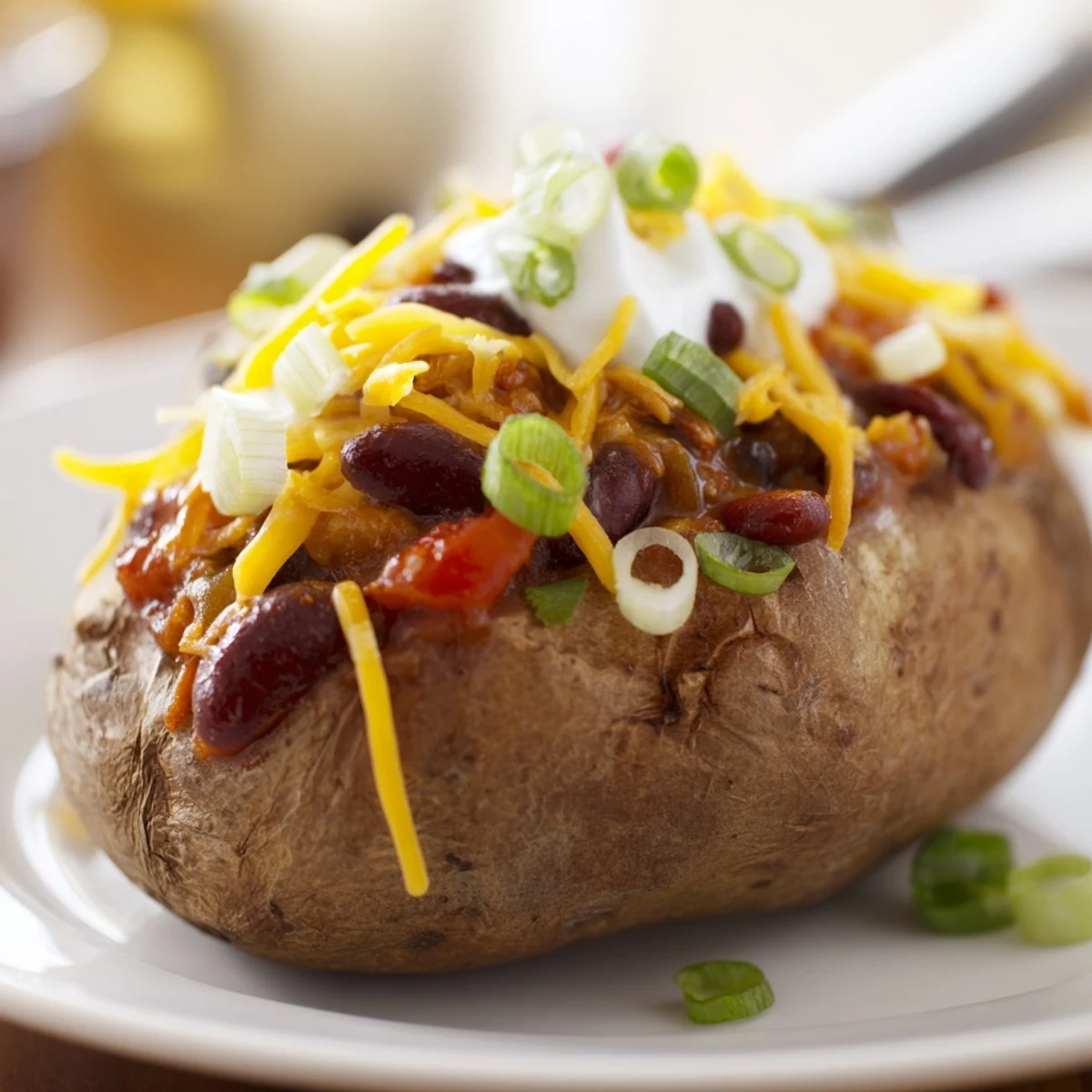 Steaming hot Chili-Style Baked Potatoes, loaded with a savory chili and cheddar cheese, perfect comfort food.