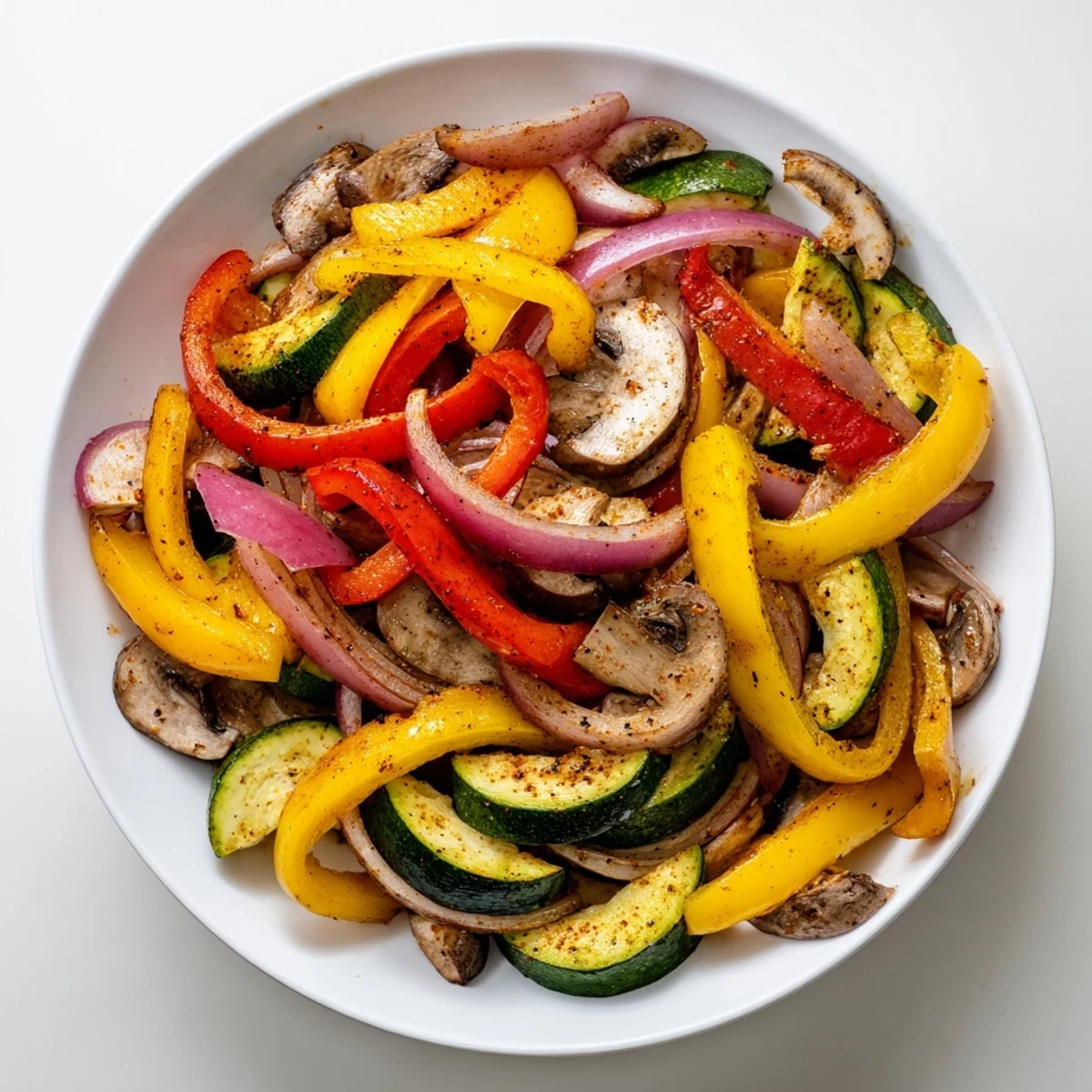 Brightly colored veggie skillet fajitas with perfectly cooked vegetables, ready to be piled high into warm tortillas.