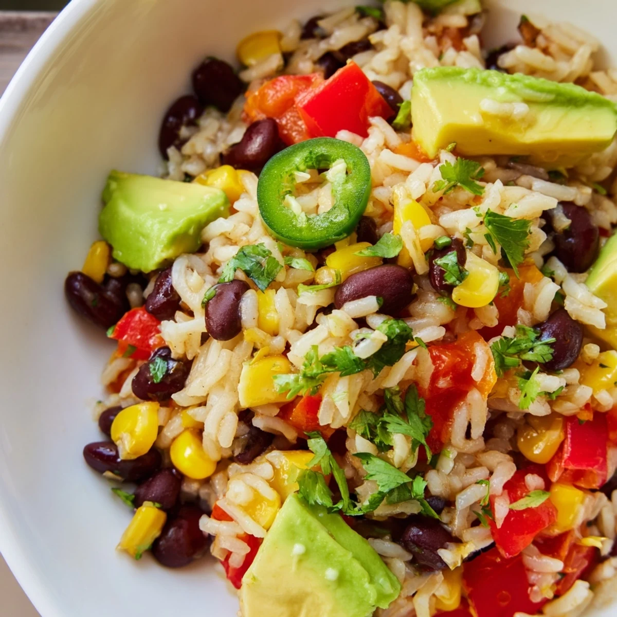 Steaming one-pot Mexican rice and beans with colorful bell peppers, ready to be served.