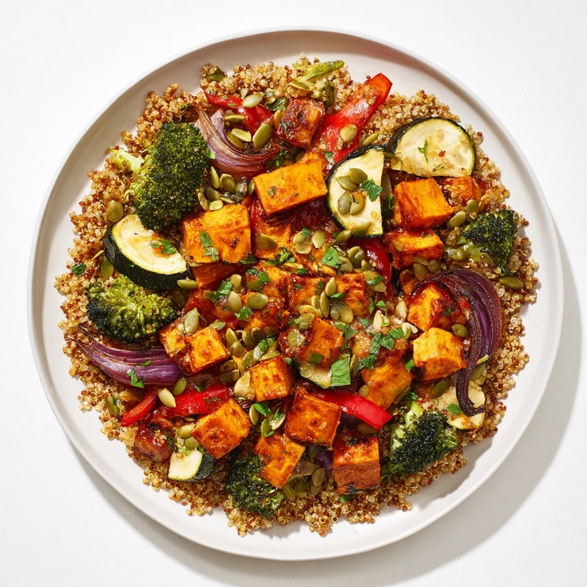 A colorful quinoa bowl with roasted seasonal veggies and creamy lemon-tahini dressing.